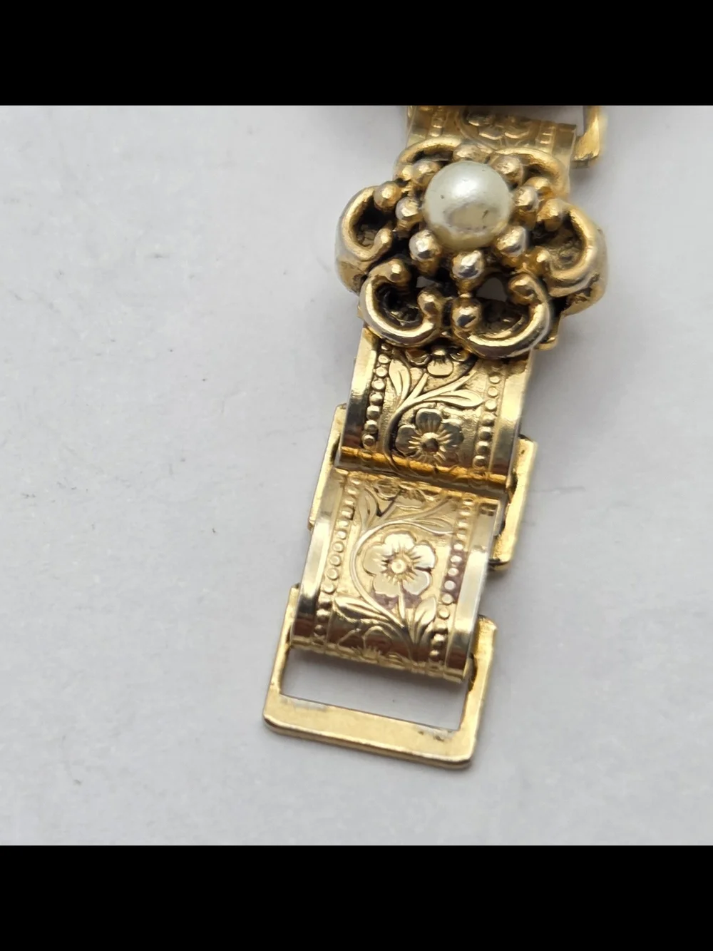 Vintage Gold Tone Faux Turquoise Pearl Panel Bracelet Filigree Etched 7 Inches